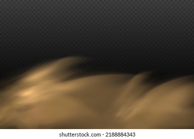 A cloud of brown dust and sand with particles of flying dry sand and dirt.Trace on a dusty road or highway from a car.Clubs of dark smoke.Realistic illustration on a transparent background.