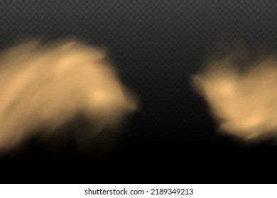 Eine Wolke aus braunem Staub und Sand mit Teilchen fliegenden trockenen Sandes und Schmutz.Trace auf einer staubigen Straße oder Autobahn von einem Auto.Clubs dunklen Rauch.Realistische Illustration auf transparentem Hintergrund.