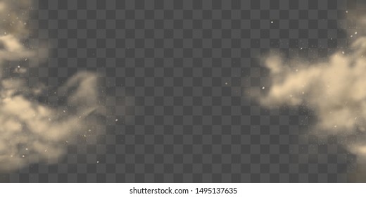 Cloud of brown, heavy thick dust bursting with from two sides, frozen motion 3d realistic vector background. City smog, polluted and dirty air with dust or dirt particles, soil erosion illustration