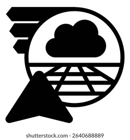 Cloud bubble with navigation cursor solid icon, neural network concept. Vector graphics. Remote visualization of spaces sign on white background, style mobile or design