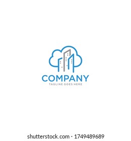 Logo del Cloud Building. Negocio de diseño de logotipos hipotecarios e inmobiliarios. Presentación literaria para negocios inmobiliarios. La señal ideal para una ciudad o un servidor en la nube. Logo del servidor digital en la nube de la ciudad.Construir un logotipo