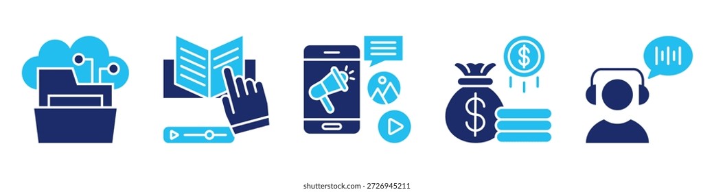 Conjunto de iconos de negocios en la nube. Para servicio digital. Conjunto de iconos contiene almacenamiento en la nube, tutorial, marketing digital, presupuesto, chat en vivo. Ilustración de duotono de glifo de Vector simple.