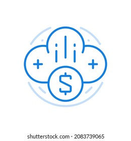 
Cloud business surfing vector line icon. Online investment management and remote marketing connectivity. Clouds with symbol of money growth. Profitable web planning financial transactions.