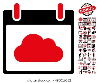 Cloud Calendar Day icon with bonus calendar and time management icon set. Vector illustration style is flat iconic symbols, intensive red and black, white background.