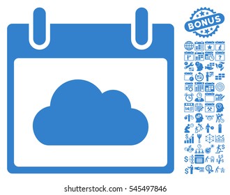 Cloud Calendar Day icon with bonus calendar and time management symbols. Vector illustration style is flat iconic symbols, cobalt, white background.