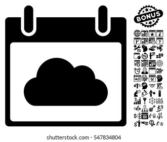 Cloud Calendar Day icon with bonus calendar and time management symbols. Vector illustration style is flat iconic symbols, black, white background.