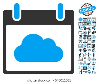 Cloud Calendar Day icon with bonus calendar and time management graphic icons. Vector illustration style is flat iconic symbols, blue and gray, white background.
