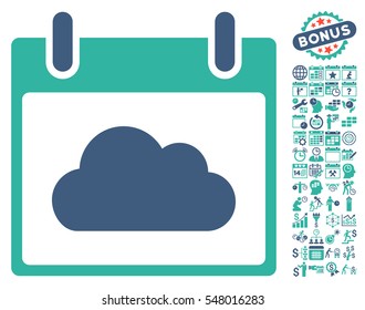 Cloud Calendar Day icon with bonus calendar and time management pictures. Vector illustration style is flat iconic symbols, cobalt and cyan, white background.