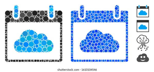 Cloud calendar day mosaic of small circles in different sizes and color tints, based on cloud calendar day icon. Vector random circles are combined into blue mosaic.
