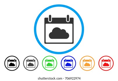 Cloud Calendar Day vector rounded icon. Image style is a flat gray icon symbol inside a blue circle. Bonus color variants are grey, black, blue, green, red, orange.
