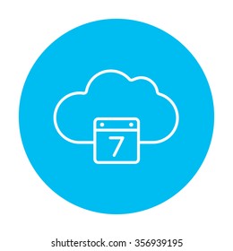 Icono de línea de calendario de nube para web, móvil e infografías. Icono de blanco vector en el círculo azul claro aislado en fondo blanco.