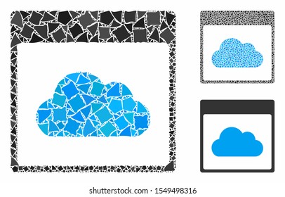 Cloud calendar page composition of raggy elements in various sizes and color hues, based on cloud calendar page icon. Vector raggy dots are united into composition.