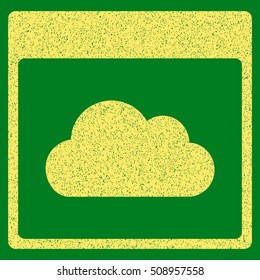 Cloud Calendar Page grainy textured icon for overlay watermark stamps. Flat symbol with dirty texture. Dotted vector yellow ink rubber seal stamp with grunge design on a green background.