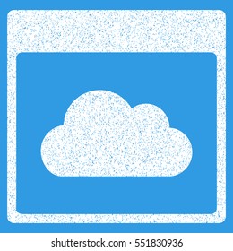 Cloud Calendar Page grainy textured icon for overlay watermark stamps. Flat symbol with dirty texture. Dotted vector white ink rubber seal stamp with grunge design on a blue background.