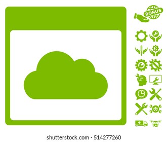 Cloud Calendar Page icon with bonus settings pictograms. Vector illustration style is flat iconic symbols, eco green, white background.