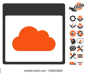 Cloud Calendar Page icon with bonus settings pictograms. Vector illustration style is flat iconic symbols, orange and gray, white background.
