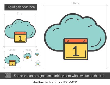 Cloud calendar vector line icon isolated on white background. Cloud calendar line icon for infographic, website or app. Scalable icon designed on a grid system.