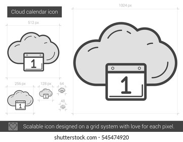 Cloud calendar vector line icon isolated on white background. Cloud calendar line icon for infographic, website or app. Scalable icon designed on a grid system.