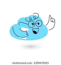 Cloud cartoon character in glasses pointing finger up. Flat vector mascot illustration isolated on white background.