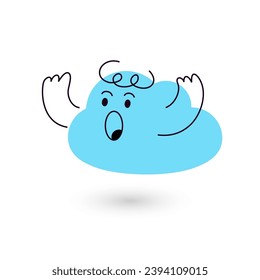 Cloud cartoon character wondering. Flat vector mascot illustration isolated on white background. Editable stroke.