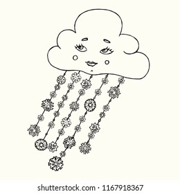 Cloud with cartoon funny face and snowflakes, hand drawn doodle, sketch isolated vector outline black and white illustration