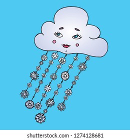 Cloud with cartoon funny face and snowflakes, hand drawn doodle, sketch isolated on bright blue vector color illustration