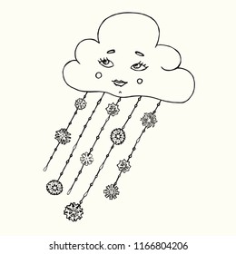Cloud with cartoon funny face and wet snow (raindrops and snowflakes falling), hand drawn doodle, sketch isolated vector outline black and white illustration