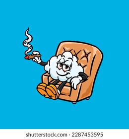 caricatura en la nube fumando toscas y alta cara apedreada de maleza vector de nug de brote de cannabis