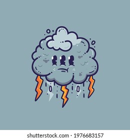 Cloud Cartoon Vector Illustration with Rain Drops and Thunder