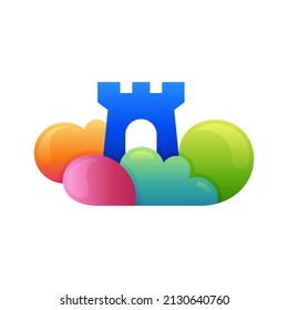 cloud castle logo template, castle and cloud combination logo with 3d colorful style
