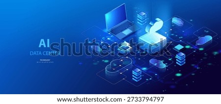 Cloud center data isometric vector background. Network database secure technologies. Futuristic ai city server clouds center connecting with computer laptop. Digital data computing system.
