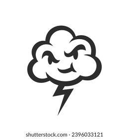 Cloud character. Angry grinning cartoon cloud with lightning. Vector illustration