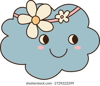 Personaje de la nube con ojos grandes, rubor, sonrisa y diadema de flores en dibujos animados de línea audaz. Símbolo de alegría, positividad y encanto de la infancia para los temas de la guardería. Ilustración vectorial de dibujos animados.