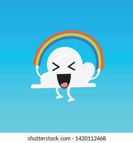Cloud character emoji jumping rainbow rope. Vector illustration