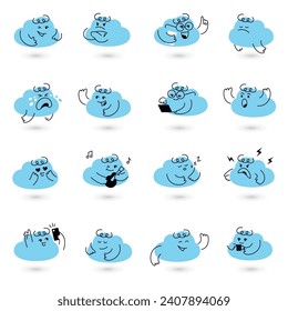 Cloud character emotions set. Vector cartoon mascot in different mood. Stickers with cute cloudy emojis. Isolated on white background.