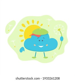 Cloud character with summer dandelion. Element for the design of children's goods, books. Vector stock illustration. 