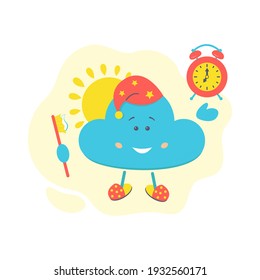 Cloud character with toothbrush, sun and alarm clock. Good morning concept. For illustrating children's products, books. Stock vector illustration. 