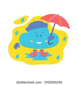 Cloud character with umbrella in rainy autumn weather. Element for the design of children's goods, books. Vector stock illustration. 