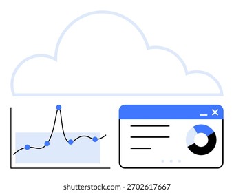 Nuvem, gráfico com uma linha de gráfico azul, um gráfico de pizza azul e cinza. Ideal para análise de dados, crescimento de negócios, integração de tecnologia, computação em nuvem, planejamento estratégico, transformação digital