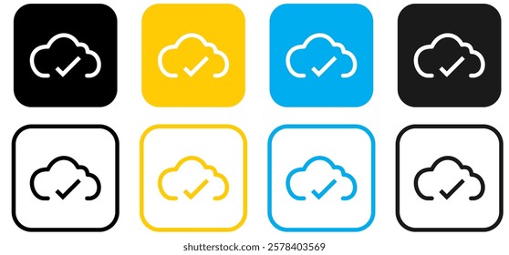 cloud check complete icon . clouds with check mark icons software update process completed.