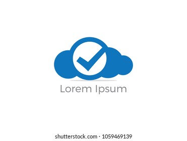 Cloud check mark logo design, tick mark on shield and cloud vector icon. Safety and security symbol.