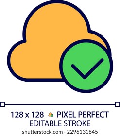 Cloud with check mark pixel perfect RGB color icon. Safe digital data storage. Keep information on internet. Isolated vector illustration. Simple filled line drawing. Editable stroke