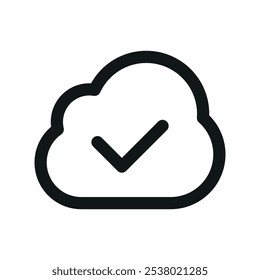 Nube con el icono de la interfaz de usuario de la marca de verificación, marca de verificación en el símbolo del Vector de la interfaz de usuario de la línea simple de la nube