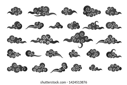 Cloud in Chinese style. Abstract black cloudy set isolated on white background. Vector illustration.