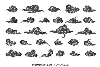 Cloud in Chinese style. Abstract black cloudy set isolated on white background. Vector illustration.