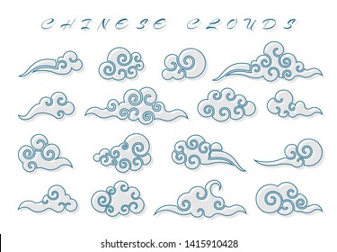 Cloud in Chinese style. Abstract blue cloudy set isolated on white background. Vector illustration.