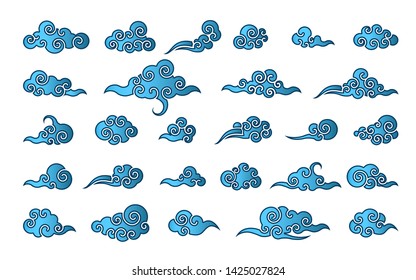 Cloud in Chinese style. Abstract blue cloudy set isolated on white background. Vector illustration.