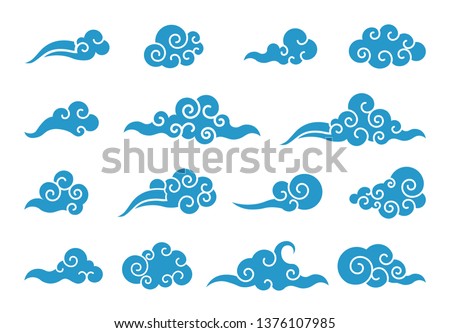 Cloud in Chinese style. Abstract blue cloudy set isolated on white background. Vector illustration.