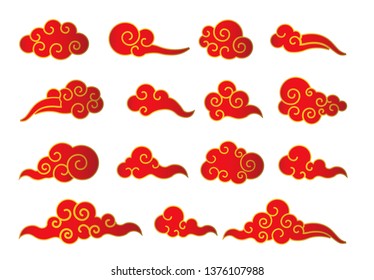 Cloud in Chinese style. Abstract red and gold cloudy set isolated on white background. Vector illustration.