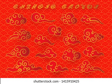 Cloud in Chinese style. Abstract red and gold cloudy set isolated on white background. Vector illustration.